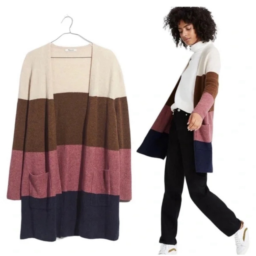 Madewell Cream and Brown Colorblock Cardigan Sweater